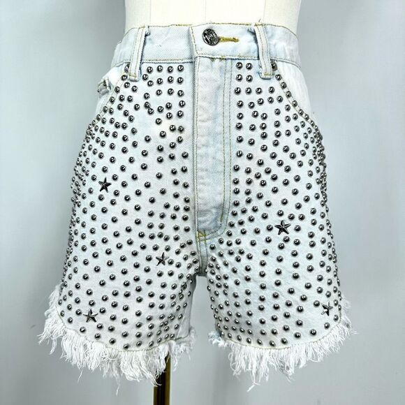 Vintage 90s Studded Frayed Jeans  High Waisted Denim Shorts, size 7 Jr. - Picture 1 of 16